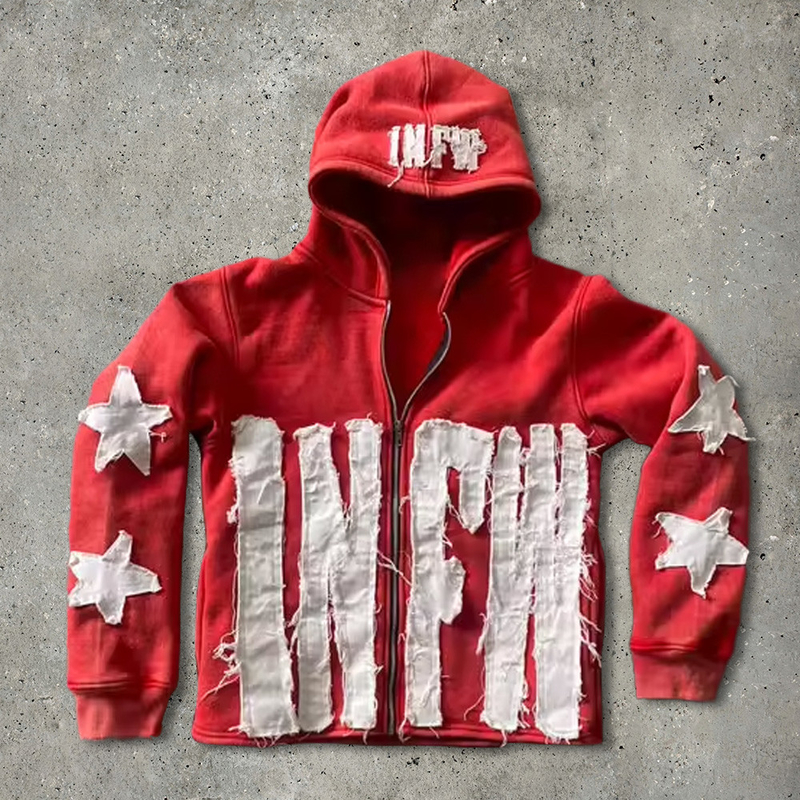 Uomini 500 grammi di cotone distressati con magliette con cappuccio con  cerniera ricamata su misura con cerniera con lavaggio acido con felpa  tagliata