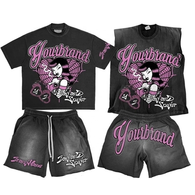 comprare Logo personalizzato Acid Wash Hoodies Sweat Shorts Black Crop Top e Sleeveless Tank Top Set online manufacture