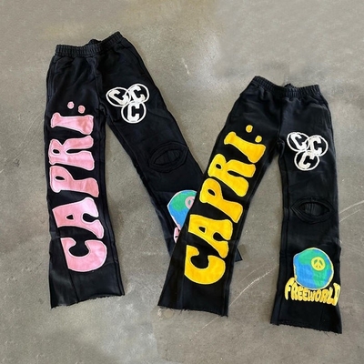 comprare Patch Embroidery French Terry Acid Wash Raw Hem Distressed Flared Sweatpants Regular Fit 100% cotone online manufacture
