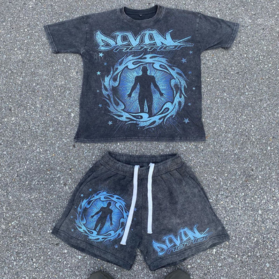 comprare Abbigliamento di strada su misura Vintage Corridori a due pezzi T-shirt Stone Acid Wash Set per uomini online manufacture