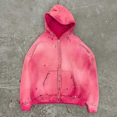 comprare Acid wash zip up hoodie uomo donna 500gm bianco rosa Acid wash vintage strappato buco in difficoltà online manufacture