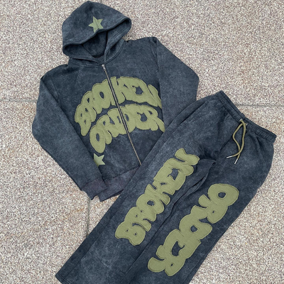 comprare Vintage Distressed Patch Applique Embroidery Hoodie Set con opzioni di colore personalizzabili online manufacture