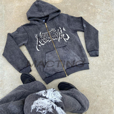 comprare Abbigliamento di strada personalizzato con cerniera con cerniera con cappuccio e pantaloni da ginnastica sfiorati in stile vintage online manufacture