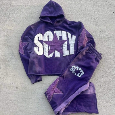 comprare 400 grammi di felpe con cappuccio ricamato su misura con cerotto e pantaloni da sudore sfiorati online manufacture