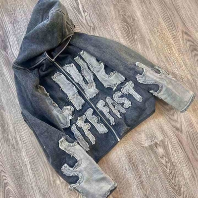 comprare Cappuccio con ricamo vintage colorato con cerniera piena e applicatore distressed online manufacture
