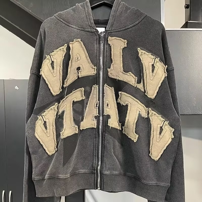 comprare 450 Gsm Peso pesante francese Terry Vintage Acid Wash Distressed Patch Embroidery Pullover con cappuccio online manufacture