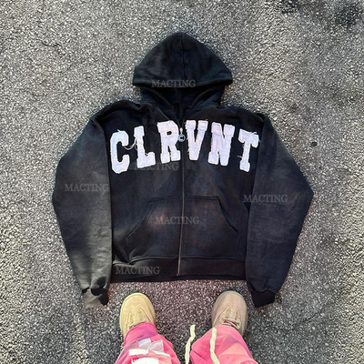 comprare Custom Logo Streetwear 400gm Stone Wash Zip Up Hoodie in grigio con patch distressed online manufacture