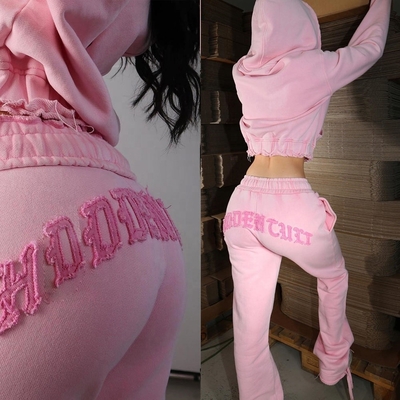 comprare Acid wash zip up hoodie abito da ginnastica ragazzi marrone abito da strada donna patch ricamo jogger lavati online manufacture