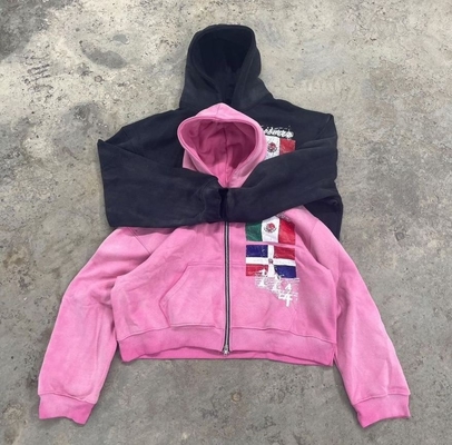 comprare Logo di ricamo applicato su misura Peso pesante Cappuccio unisex di grandi dimensioni Zipper up manica online manufacture