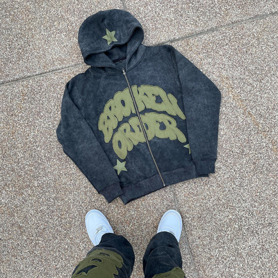 comprare Custom Oversized Sole sbiadito Distressed Zip Up ricamato Patch Hoodie Set online manufacture