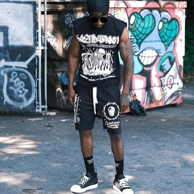 comprare 2024 Summer Jogging Acid Wash Distressed Sleeveless Raw Hem 2 Piece Shorts Set online manufacture