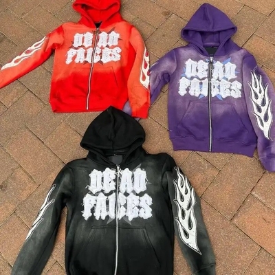 comprare Stonewashed Vintage Cut And Sew Maschile Ricamo Distressato Patch ricamo Sole sbiadito viola Zip Up Acid Wash Hoodie online manufacture