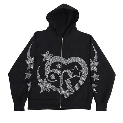 comprare 700 grammi Peso pesante Rhinestone Zipper Hoodies maschile Sweatshirts Full Zip Up Hoodie online manufacture