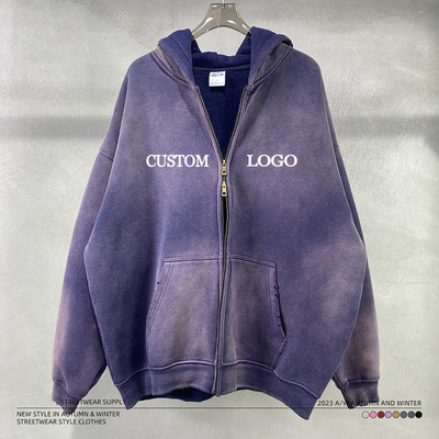 comprare Vintage Acid Wash Sole sbiadito Distressed Zip Up Hoodie bianca per abbigliamento di strada con logo personalizzato online manufacture