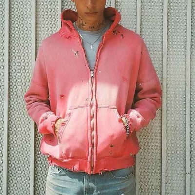 comprare Solid Custom Donna 400 gsm di cotone oversized rosa Acid Wash vintage distressed tagliato zip up cappuccio online manufacture