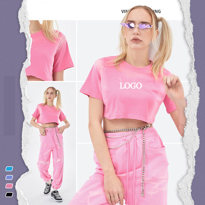 comprare 2024 Summer Acid Wash Fading Hot Sexy Crop Top Donna T-shirt con etichette personalizzate online manufacture