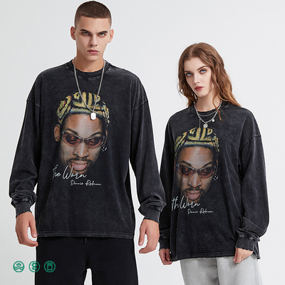 comprare Hip Hop Acid Wash Crew Neck Sweatshirt sportivo nero Distressed Vintage T-shirt Terry tessuto online manufacture