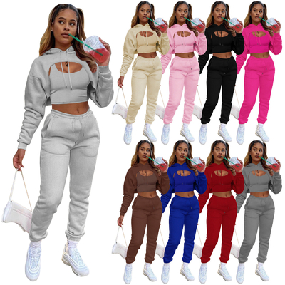 comprare Giubbotti da ginnastica rosa stampati da donna 3 pezzi Set Top di Crop Hoodie e Corridori Hoodies tagliati online manufacture