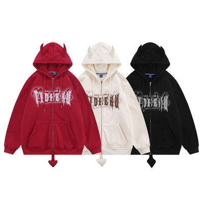 comprare Maglietta con cappuccio e zip Devil Horn Stampato Vello bianco Unisex Uomo coppia Oversized Full Zip Up Pullover online manufacture