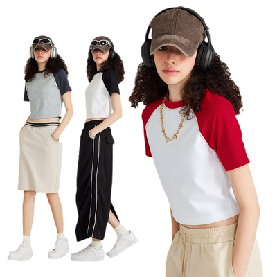 comprare Vintage Contrast Raglan Sleeve Baseball Tee per Streetwear Americano Stile femminile caldo online manufacture