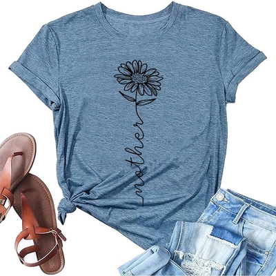 comprare T-shirt da stampa a trasferimento termico per donne Madri estive Mamma Fiore di girasole Casual online manufacture