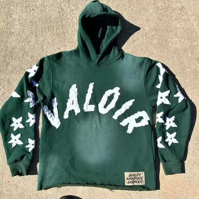 comprare Vintage Applique Distressed Hoodie Pullover lavaggio acido maglietta tagliata sole sbiadito tagliato lavaggio acido tagliato online manufacture