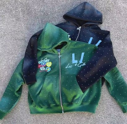 comprare Vintage Sun Faded Acid Wash Patch ricamo Strass Box Fit tagliato Zip Up Hoodie per uomini Manica regolare online manufacture