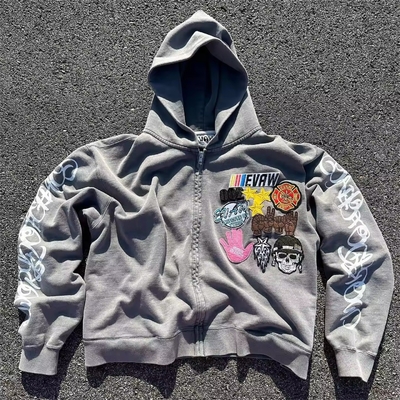 comprare In autunno abbigliamento da uomo in acido di pietra lavaggio tagliato scatola ricamata zip up felpa con cappuccio ricamato magliette vintage online manufacture