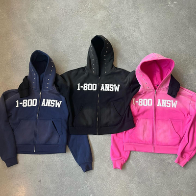 comprare Lavatura a base di acido personalizzata Sole sbiadito Rivet Strass tagliato Boxy Fit Zip Up Hoodie cotone Peso pesante 400gm online manufacture