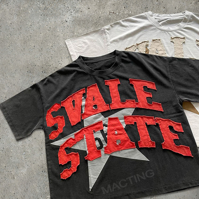 comprare T-shirt di cotone estivo di peso pesante vintage ricamo di patch in difficoltà lavaggio acido T-shirt di cotone uomini online manufacture