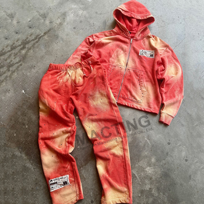 comprare Vintage Sun Faded Acid Wash Costumi da ginnastica personalizzati Strass Distressed Hoodie E Sweatpants Set online manufacture