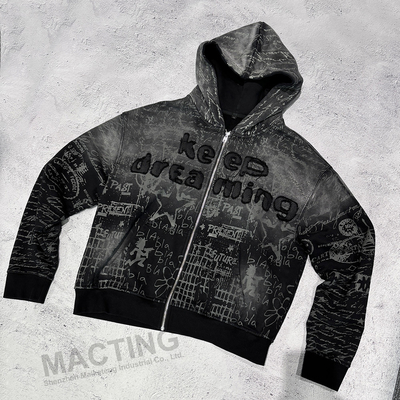 comprare Stampa completa Vintage Distressed Applique ricamo Cappuccio 800 grammi Peso del tessuto online manufacture