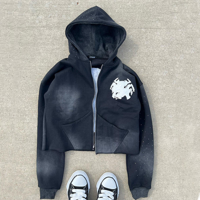 comprare Zip Up Acid Wash Hoodies Distressed Embroidery Applique Custom French Terry Crop Top online manufacture