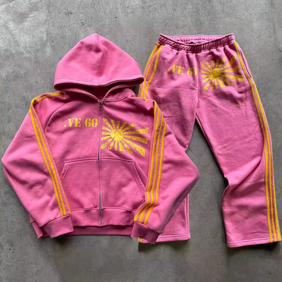 comprare Stampa a schermo personalizzata Logo strisce tuta da ginnastica vintage lavato con acido Zip Up Hoodie And Jogger Sweat Pant online manufacture