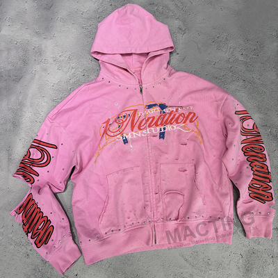 comprare Strass personalizzato Stuffato 100% cotone 500 Gsm Peso pesante Zip Up Vintage tagliato Distressed Acid Wash Hoodie online manufacture