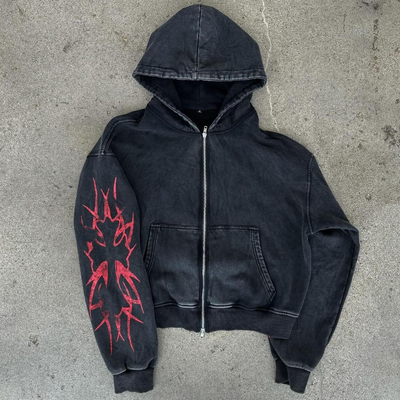 comprare Stampa su schermo di logo personalizzato Distressed No Drawstring Double Zip Up Acid Wash Peso pesante Boxy Cut Hoodie Uomini online manufacture