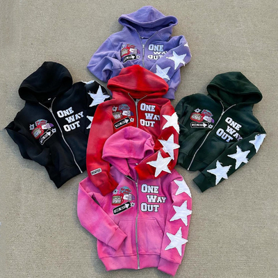 comprare Acid Wash French Terry Hoodie Custom Streetwear Boxy Cut Distressed Vintage Embroidery Patch Zip Up Hoodie online manufacture