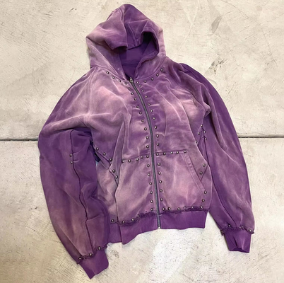 comprare Custom 100% cotone 500 gsm Rhinestone perline stuffato Pesante pietra lavato al sole sbiadito zip up hoodie online manufacture