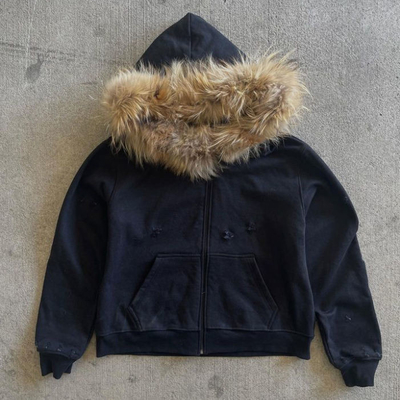 comprare Cappuccino in terry francese d'inverno su misura con cappuccio di pelliccia Cappuccino di pelliccia di uomo con zip organico online manufacture