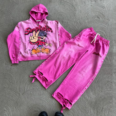 comprare Abbigliamento di strada Strass zip up Hoodie Pantaloni sudati Set Acid Wash Man Tracksuit Sole sbiadito abbigliamento da uomo online manufacture