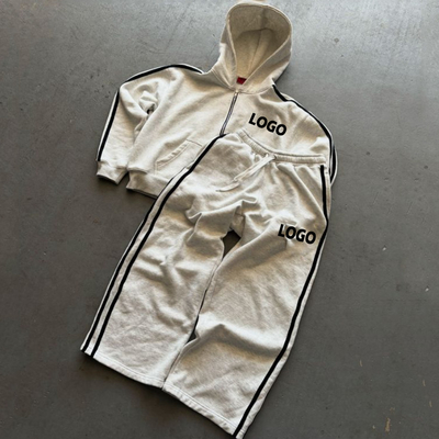 comprare Custom pesante cotone a strisce laterale tagliato box zip up cappucci e pantaloni da ginnastica Baggy Set abiti da ginnastica online manufacture
