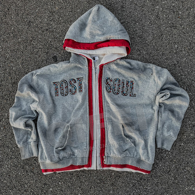 comprare Abbigliamento di strada su misura doppio 3 Zipper Acid Wash Vintage Baggy Boxy Fit Distressed Rhinestone Triple Layer Zip Up Hoodie online manufacture