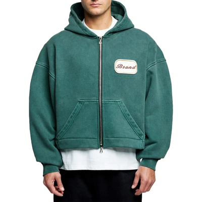 comprare Logo personalizzato Patch Applique Ricamo Peso pesante 600 gsm Cappuccio Baggy Boxy Cropped Acid Wash Double Zipper Cappuccio online manufacture
