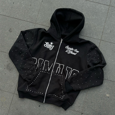 comprare Custom Rhinestone Zip Up Hoodie 450 gsm Spesso Peso Pesante Stampa a schermo Logo Streetwear Zipper Hoodies Uomini online manufacture