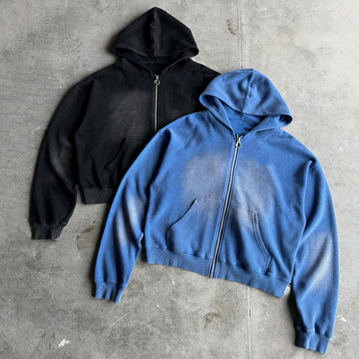 comprare Custom 400gm Peso pesante bianco Oversized Boxy Fit Zip Up Vintage Sun Faded Acid Wash Waffle Hoodie per uomini online manufacture