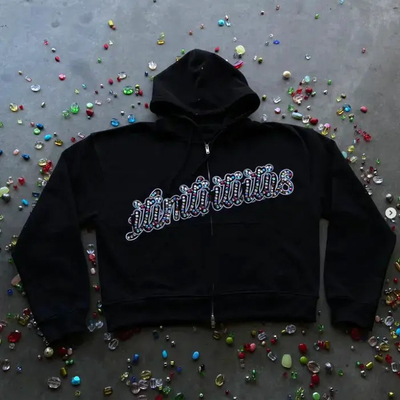 comprare Custom Maschi 100% cotone ricamo pesante Distressed Acid Wash Boxie tagliato Zip Up Rhinestone Hoodies per uomini online manufacture