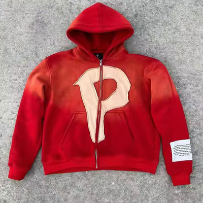 comprare Vintage personalizzato sbiadito di grandi dimensioni francese Terry Boxy tagliato felpa uomo angosciato ricamo applicato Acido lavaggio zip up felpa online manufacture