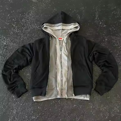 comprare Streetwear Zip Up Hoodie Collar Hooded OEM Custom Tre strati Hoodies per uomini online manufacture