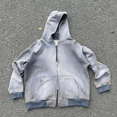 comprare Uomini personalizzati Pesante Oversize Crop Boxy Zip Up Stone Acid Wash Distressed Hoodie Unisex Sole sbiadito Zipper Vintage Sweatshirt online manufacture