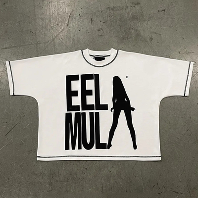 comprare T-shirt a colletto rotondo bianco a contrasto con cuciture su misura 300 grammi T-shirt di cotone pesante T-shirt tagliati uomini online manufacture
